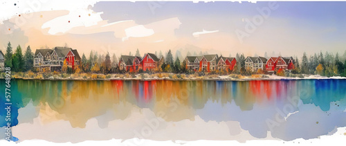 Watercolor drawing of a landscape of a snow-covered lake with houses and a forest. Panorama. Generative AI.