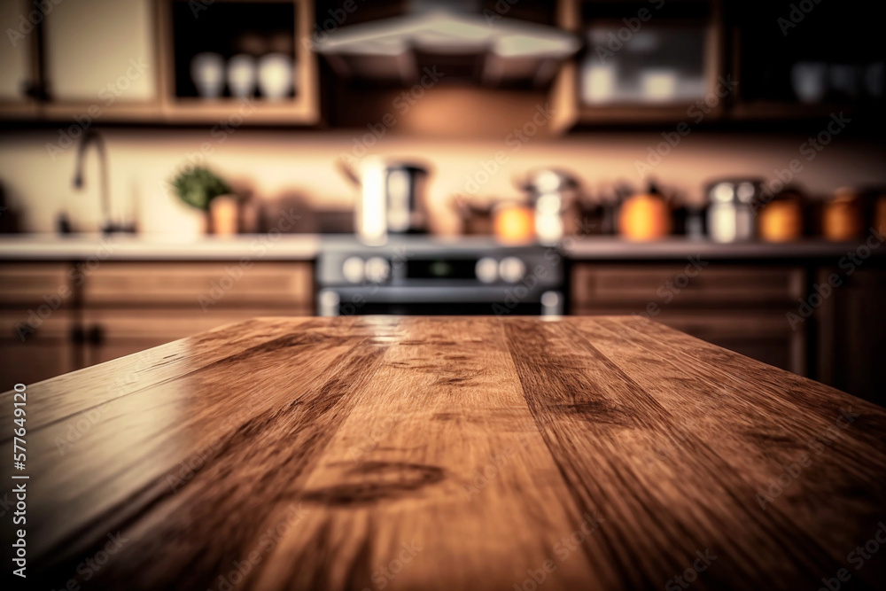 Brown wooden texture table over light blurred image of kitchen bench. kitchen blurred background. Generative AI Brown wooden texture table over light blurred image of kitchen bench. kitchen blurred background. Generative AI