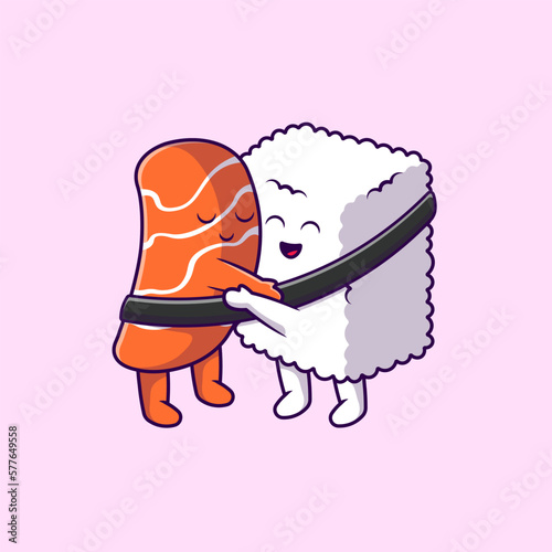 Cute Sushi Salmon Couple Hug Cartoon Vector Icons Illustration. Flat Cartoon Concept. Suitable for any creative project.