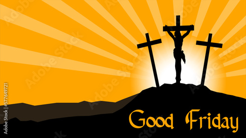 Good friday Easter background panorama vector illustration - Silhouette of Crucifixion of Jesus Christ in Golgota / Golgotha jerusalem israel, with sunrise sunbeams and three crucefix crosses
