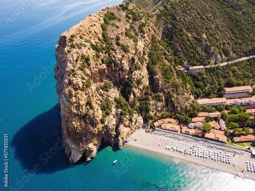 Fototapeta Naklejka Na Ścianę i Meble -  Aerial drone. Capo Calava bay and beach, with several holiday parks, resort and villages, near Gioiosa Marea, Sicily, Italy.