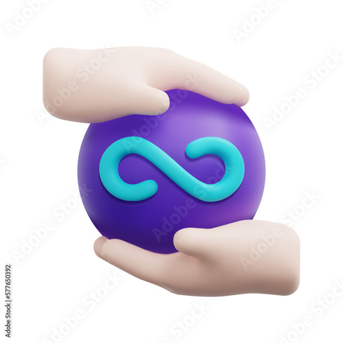 3d hand holding vr infinity icon vector. Isolated on white background. 3d metaverse, digital technology, virtual reality concept. Cartoon minimal style. 3d icon vector render illustration.
