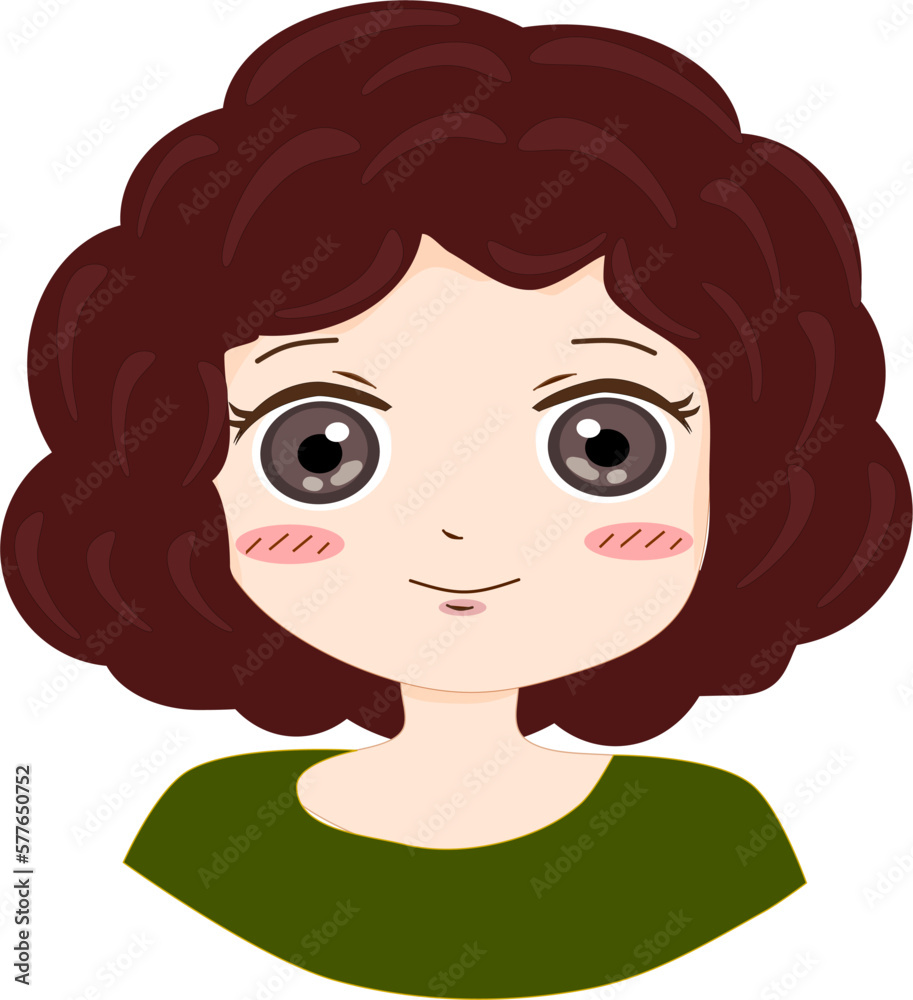 Happy smiling young girl curly hair. Flat avatar character illustration. Vector isolated on white background. Happy smiling young girl curly hair. Flat avatar character illustration. Vector isolated on white background.