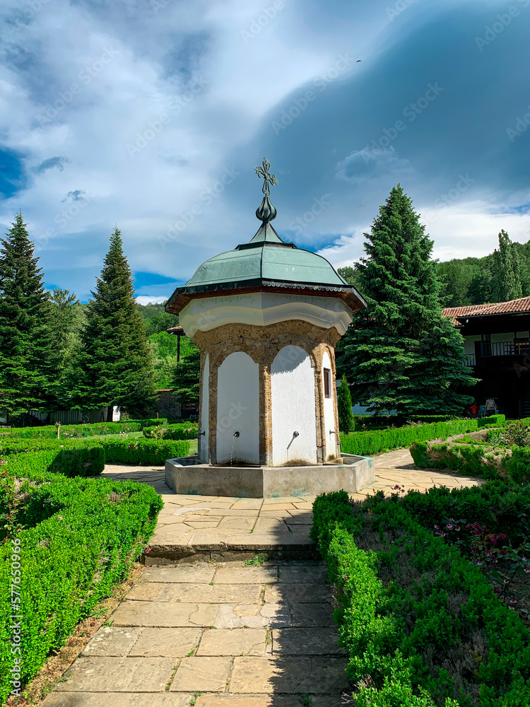 The drinking water fountain inside garden of the Sokolski Monastery. 