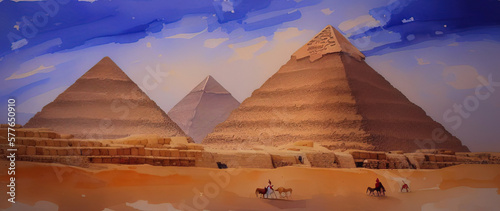 Watercolor drawing of the Giza plateau with the great pyramids in Egypt. Generative AI.