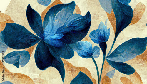 Blue Floral Motif Background Wallpaper AI Generated 