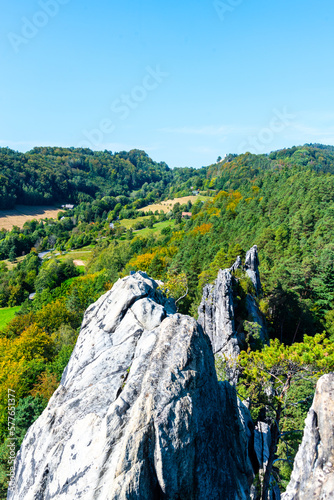 Spiky sandstone rock formation near Mala Skala. Landscape of Bohemian Paradise, Czech Republic