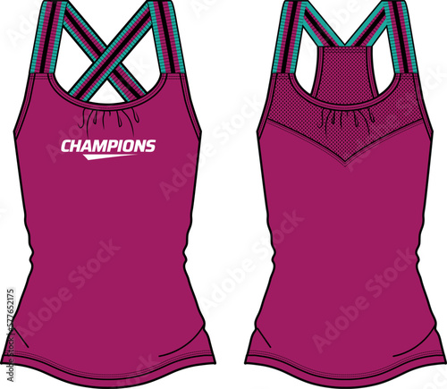 Women Sleeveless tennis Cross strap Tank top vest Sports Jersey t-shirt design flat sketch fashion Illustration suitable for girls and Ladies for running, gym, Volleyball, netball, badminton kit