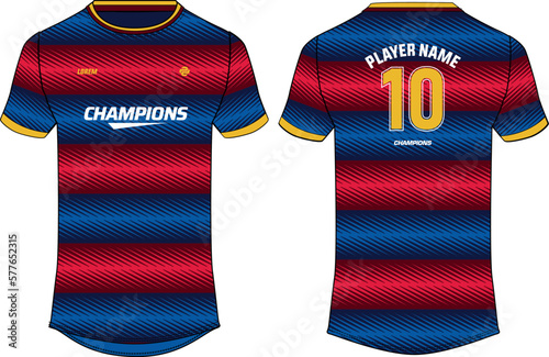 Sports jersey t shirt design flat sketch illustration, Wave abstract printed Round neck football jersey concept with front and back view for Cricket, soccer, Volleyball and badminton uniform kit
