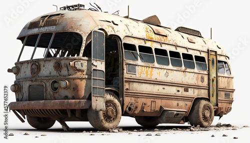 Rust ruined and damaged bus, post apocalypse object