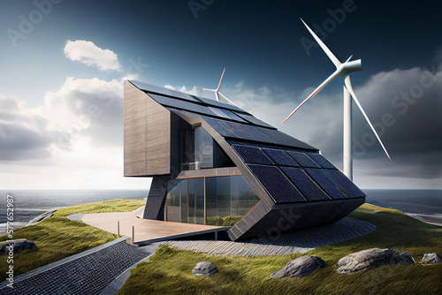 Sustainable eco friendly home design. Modern architecture of home with renowable energy source. Generative Ai photo