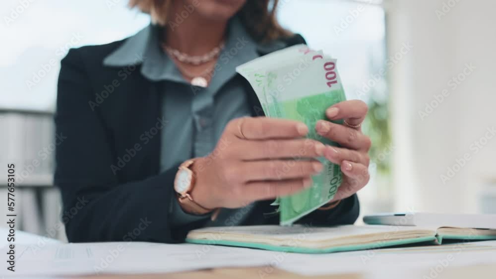 Hands, money and finance with an accountant woman counting euro cash in an office at the bank. Accounting, invest and budget with a business manager holding wealth after economy or savings growth Hands, money and finance with an accountant woman counting euro cash in an office at the bank. Accounting, invest and budget with a business manager holding wealth after economy or savings growth