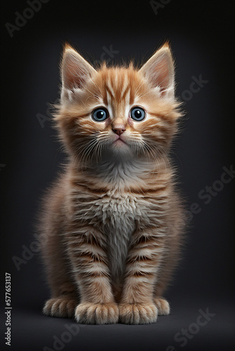 Chaton roux, mignon, assis sur fond noir, portrait façon studio photo, IA générative  (2)