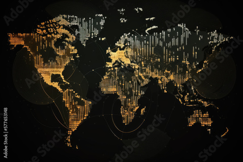Data around the world on black world map background. Generative AI photo