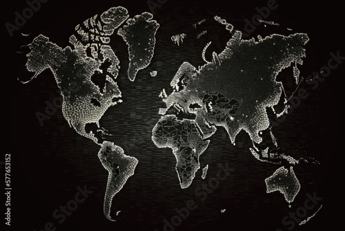 Data around the world on black world map background. Generative AI photo