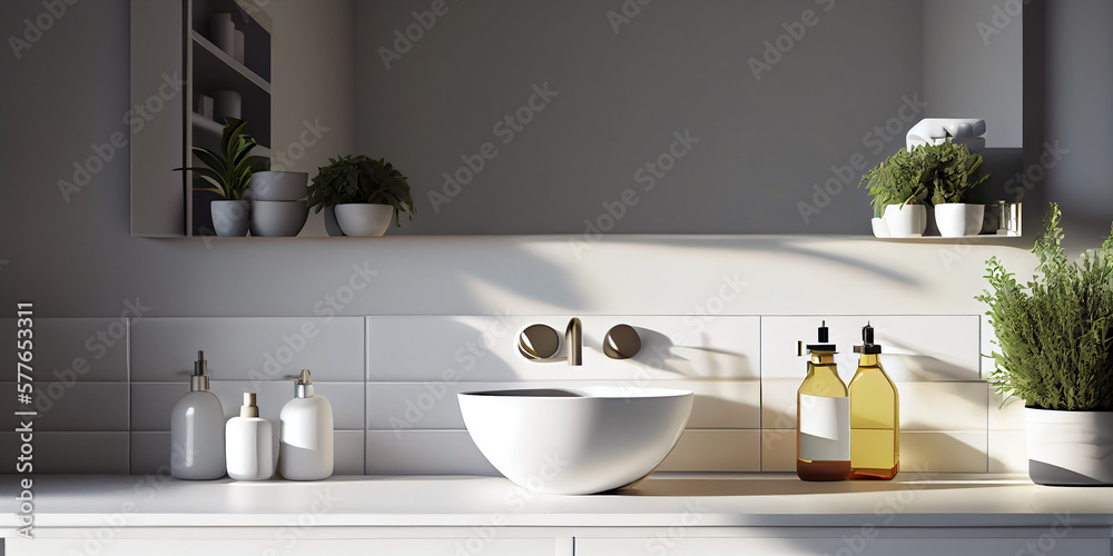3D styled art illustration an empty white vanity counter with ceramic washbasin and modern style faucet in a bathroom with morning sunlight and shadow. Products display mockup. Generative Ai. 3D styled art illustration an empty white vanity counter with ceramic washbasin and modern style faucet in a bathroom with morning sunlight and shadow. Products display mockup. Generative Ai.