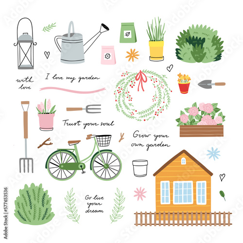 Farmhouse vector set. Cute gardening clipart. Garden illustrations. Spring hand drawn clipart