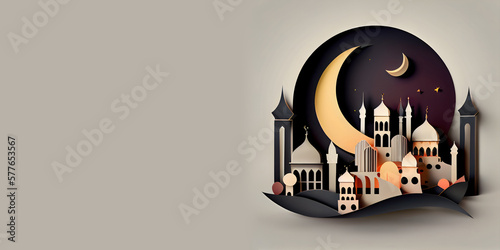 mosque islamic 3d style background. Islamic Greeting Cards for Muslim Holidays and Ramadan  ramadan kareem  mawlid  iftar  eid al fitr adha  muharram  copy space. generative ai