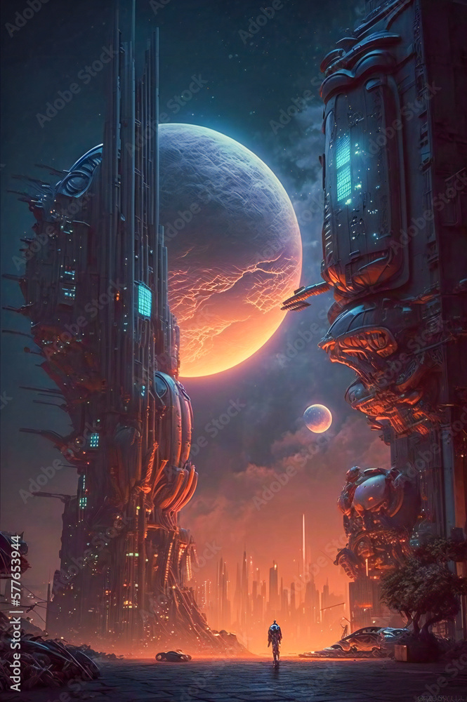 Futuristic city on an alien planet. Created with Generative AI technology.