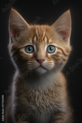 Chaton roux, mignon, assis sur fond noir, portrait façon studio photo, IA générative  (8)