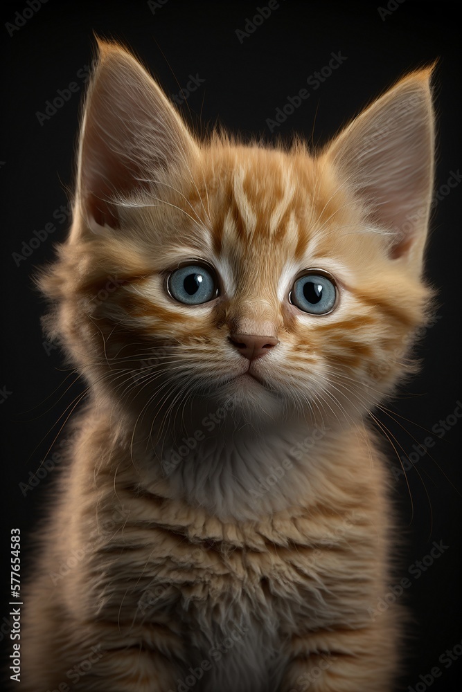 Chaton roux, mignon, assis sur fond noir, portrait façon studio photo, IA générative (10) Chaton roux, mignon, assis sur fond noir, portrait façon studio photo, IA générative (10)