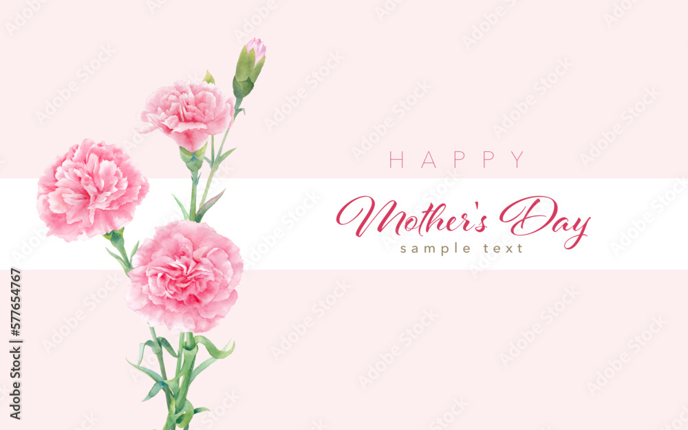Naklejka premium カーネーションの水彩イラストで構成した、母の日のバナーデザイン。(ベクター。レイアウト変更可能)