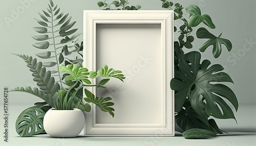 1 Set of Empty Frame Mockup Illustrations with Green Leaf Plant Decoration. Generative Ai