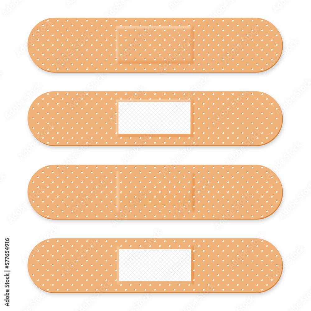Medical patch, adhesive bandage. Set of elastic medical plasters in different shapes. Realistic first aid band plasters Medical patch, adhesive bandage. Set of elastic medical plasters in different shapes. Realistic first aid band plasters