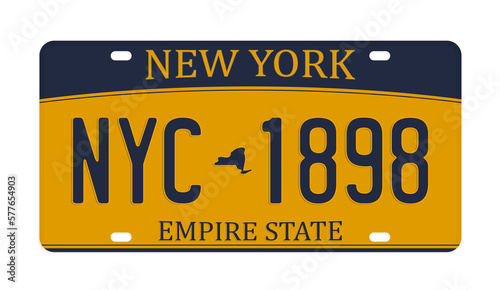 Yellow license plate isolated on white background. Abstract New York license plate with numbers and letters
