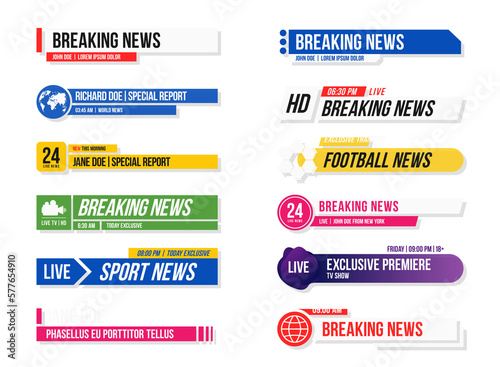 Lower third template. Set of TV banners and bars for news and sport channels, streaming and broadcasting. Collection of lower third for video editing