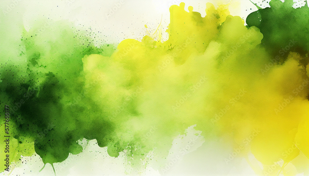 Green and yellow abstract watercolor background with watercolor splashes, Generative AI