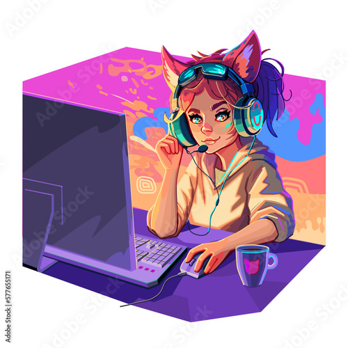 Girl gamer or streamer with cat ears headset sits at a computer.
