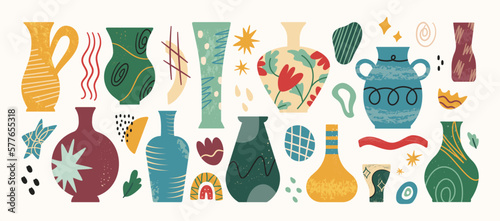 Ancient ceramic bowl. Antique jugs. Elegant pottery. Colorful urns and pots. Abstract shapes. Interior object. Hand drawn doodles. Isolated amphora set. Vector cartoon utter illustration