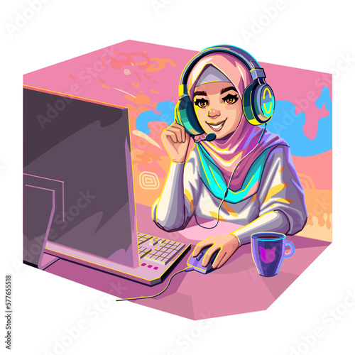 Muslim girl gamer or streamer in a hijab and a headset sits at a computer
