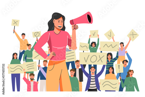 Political movements, isolated crowd community. Woman with megaphone in social protest, people in streets. Characters hold placard. Demonstration concept. Vector garish banner illustration