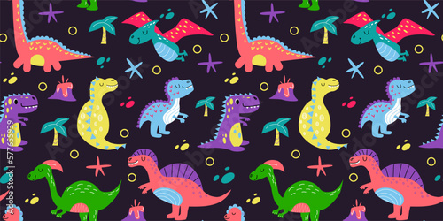 Dinosaur floral pattern, cute print. Multicolour prehistoric girl or boy fabric design, happy preschool bright dino. Decor textile, wrapping paper, wallpaper. Vector recent seamless elements photo