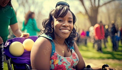 black woman with disabilities sits in a wheelchair and smiles at the camera in a park filled with easter eggs and bunnies around, Generative AI