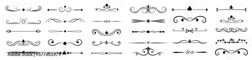 Ornamental divider, calligraphic frame elements. Scroll decoration, old style line flourish ornate border. Elegant curved vignette, underline elements. Vector recent filigree design set