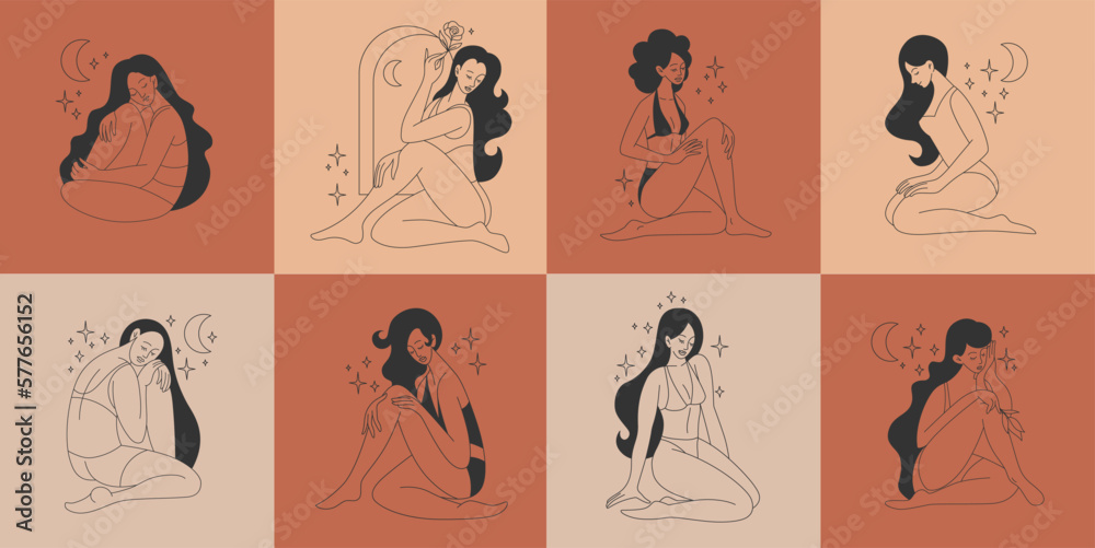 Beauty woman body, line logo. Minimal female lingerie, girls in summer dress, bikini and swimsuits, linear underwear, skin care. Characters in different poses vector fashion illustration