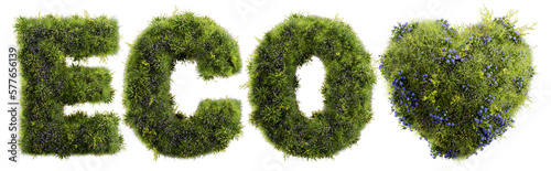 3D render letters made of grass and flowers, eco banner isolated on white