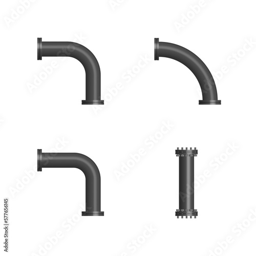 Set of steel pipes with flanges, 3D vector illustration.