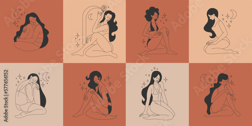 Beauty woman body, line logo. Minimal female lingerie, girls in summer dress, bikini and swimsuits, linear underwear, skin care. Characters in different poses vector fashion illustration