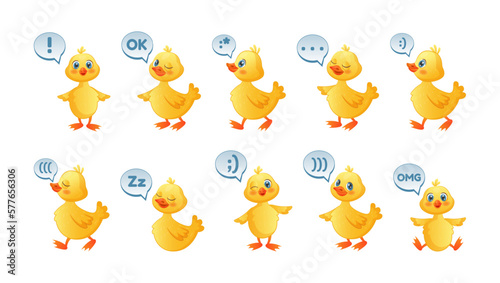 Rubber duckling. Doodle shower ducks. Yellow chicken with speech bubble. Beautiful soap image. Baby logo. Web messenger funny stickers. Bird mascots set. Vector tidy design illustration