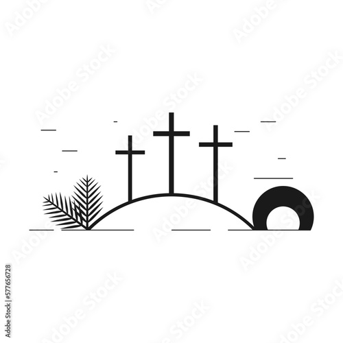 Three crosses and a cave where Christ was resurrected and palm leaves. Easter holiday.
