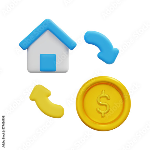 3d house and coin icon vector. Isolated on white background. 3d rental property and real estate concept. Cartoon minimal style. 3d house icon vector render illustration.