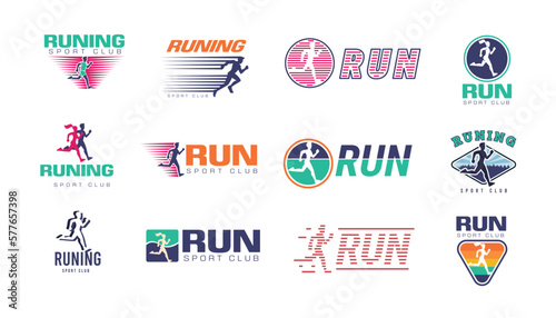 Marathon logo. Sport run club. Athlete runners on logotype. Exercise challenge color sign. Sprinters emblems. Active man race. Speed running. Sprinting sportsman. Vector design icons set