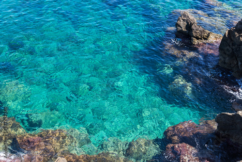 top view of sea water and rocky coast