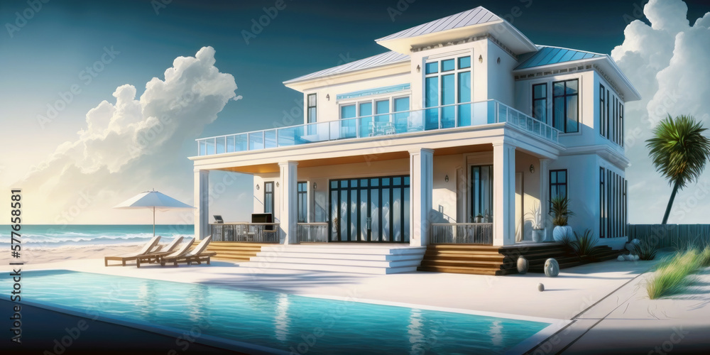 Fototapeta premium Luxury beach house with a pool and an empty terrace in contemporary style, a vacation home for a large family. Generative AI