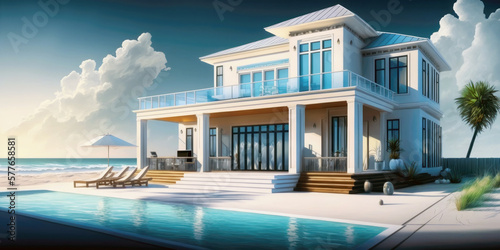 Luxury beach house with a pool and an empty terrace in contemporary style, a vacation home for a large family. Generative AI © EKH-Pictures