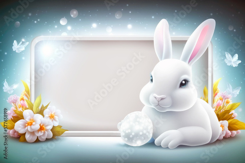 Cute easter background with billboard , rabbit, easter eggs and flower ornament. Generative AI